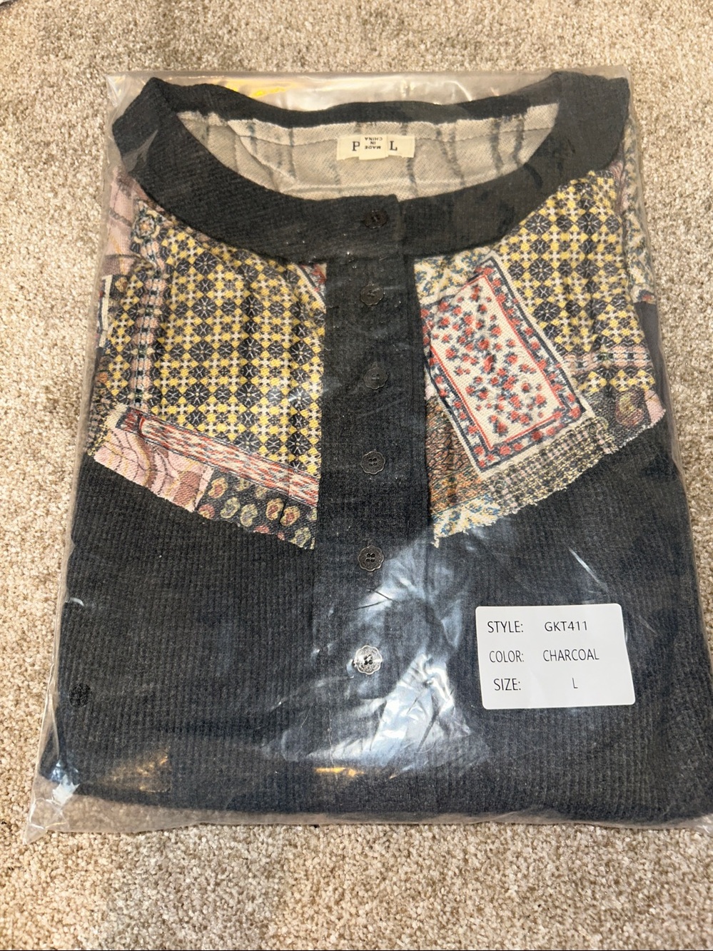 POL Mixed Print Patchwork Balloon Sleeve Charcoal Henley Pullover Top - Picture 9 of 9